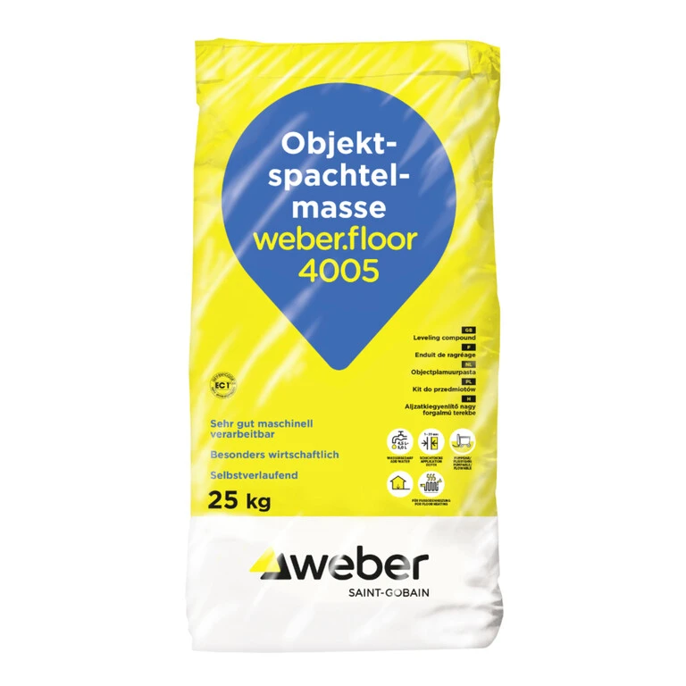 Verpackung des weber.floor 4005 als gelber Sack mit einem blauen Tropfen drauf, in welchem Objektspachtelmasse weber.floor 4005 steht