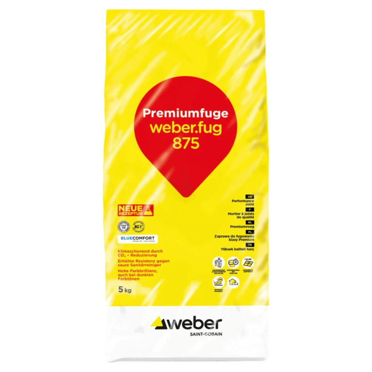 Gelber Foliensack mit rotem Tropfen auf der Vorderseite, auf welchem der Schriftzug "Premiumfuge weber.fug 875" steht