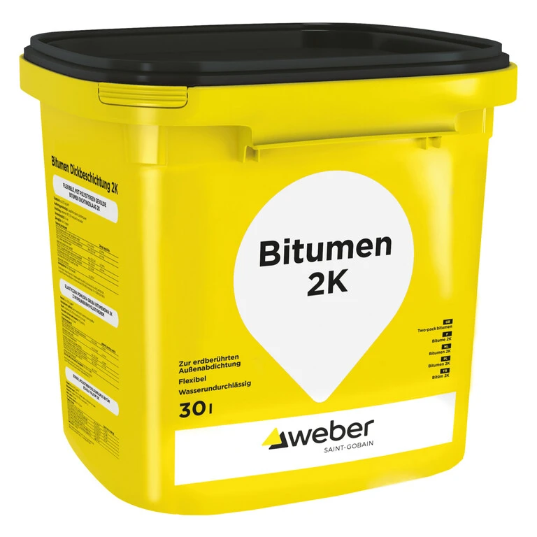 Verpackung des Bitumen 2K als gelber Eimer mit einem weißen Tropfen, wo in schwarz der Produktname drauf steht
